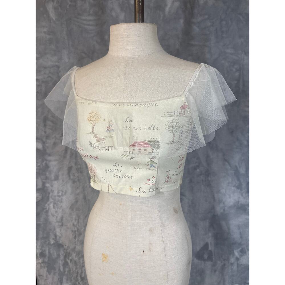 French Countryside Needlepoint Print Cottage Crop Corset Peasant Top S Ruffle‎